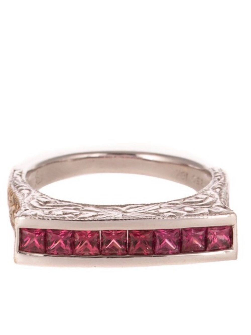 18K White Gold Pink Tourmaline Band Ring Hand Engraved Milgrain Vintage 6.5